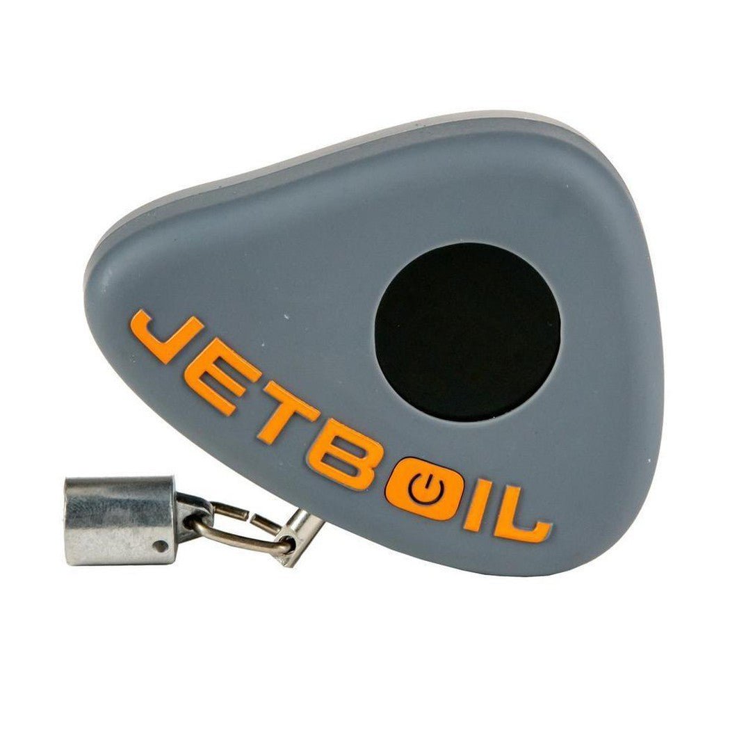 A gray JetBoil JetGauge with orange lettering and a metal clip is shown against a white background.