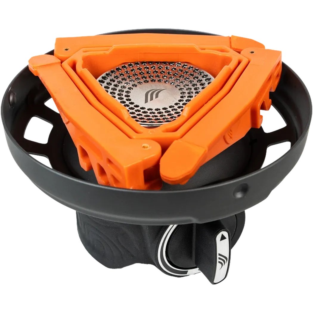 A top-down view of the JetBoil Zip 0.8L Fast Boil System in Carbon showing the orange burner and black base with a control knob.