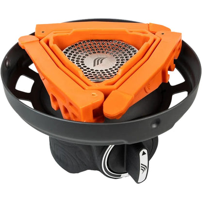 A top-down view of the JetBoil Zip 0.8L Fast Boil System in Carbon showing the orange burner and black base with a control knob.