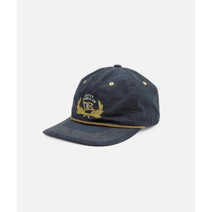 A front view of the Jetty Captain Snapback in Navy showing the embroidered logo and rope trim on the brim against a white background.