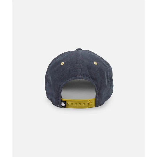 Back view of the Jetty Captain Snapback in Navy showing the yellow adjustable strap and white background.