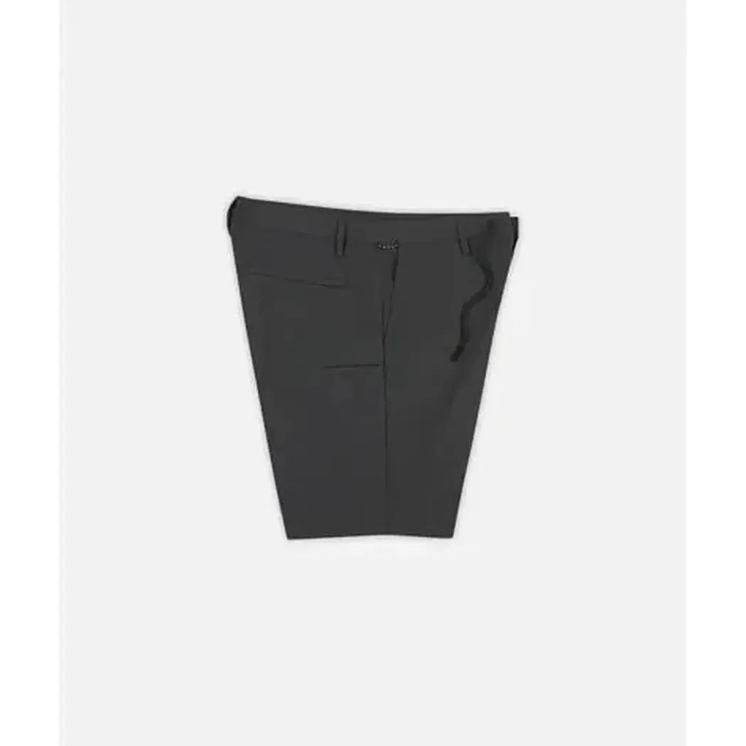 Side view of the Jetty Men's Acadia Versatility Short in Black Sand showing the front pocket and drawstring against a white background.