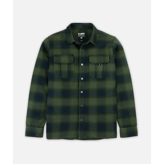 A front view of the Jetty Men's Arbor Flannel in Agave showing chest pockets and a button-down collar against a plain white background.