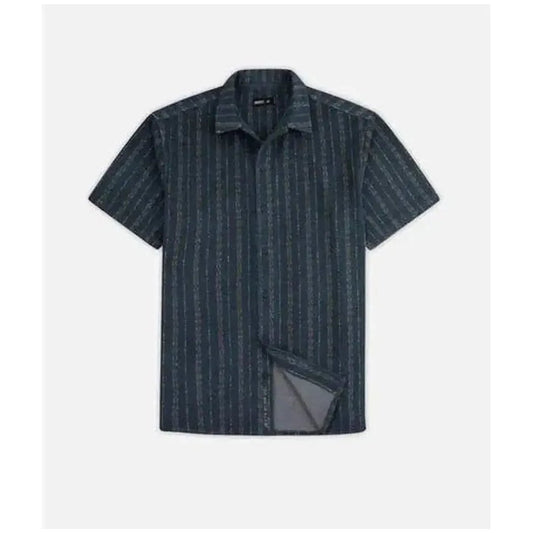 A front view of the Jetty Men's Asbury Knit Button Down in Navy with a folded hem and a white background.