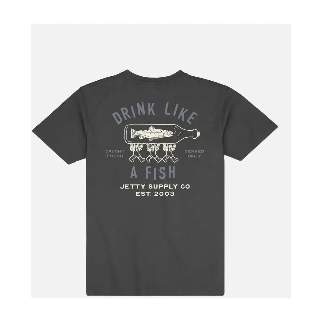 Back view of the Jetty Men's Bottle Service Tee in Navy showing the "Drink Like a Fish" graphic against a white background.