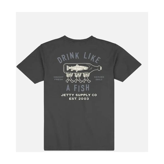 Back view of the Jetty Men's Bottle Service Tee in Navy showing the "Drink Like a Fish" graphic against a white background.