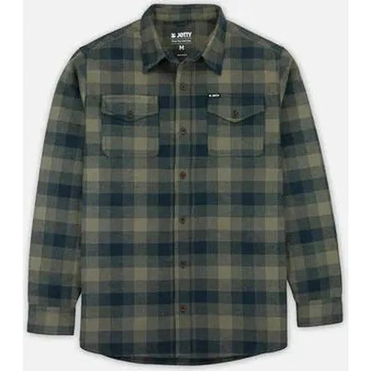 A front view of the Jetty Men's Breaker Flannel in Brown showing the chest pockets and button front against a white background.