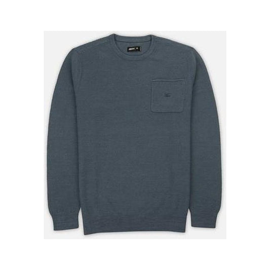 A front view of the Jetty Men's Brine Sweater in Storm color showing the chest pocket and crew neck against a white background.