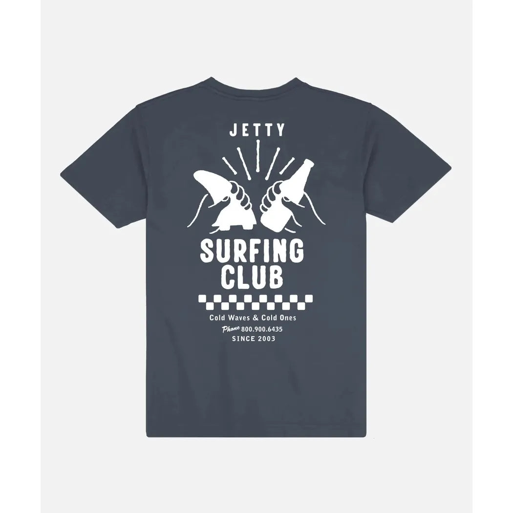 Back view of the Jetty Men's Clink Tee in Navy showing the surfing club graphic on a white background.
