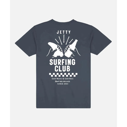 Back view of the Jetty Men's Clink Tee in Navy showing the surfing club graphic on a white background.