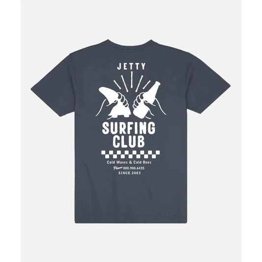 Back view of the Jetty Men's Clink Tee in Navy showing the surfing club graphic on a white background.