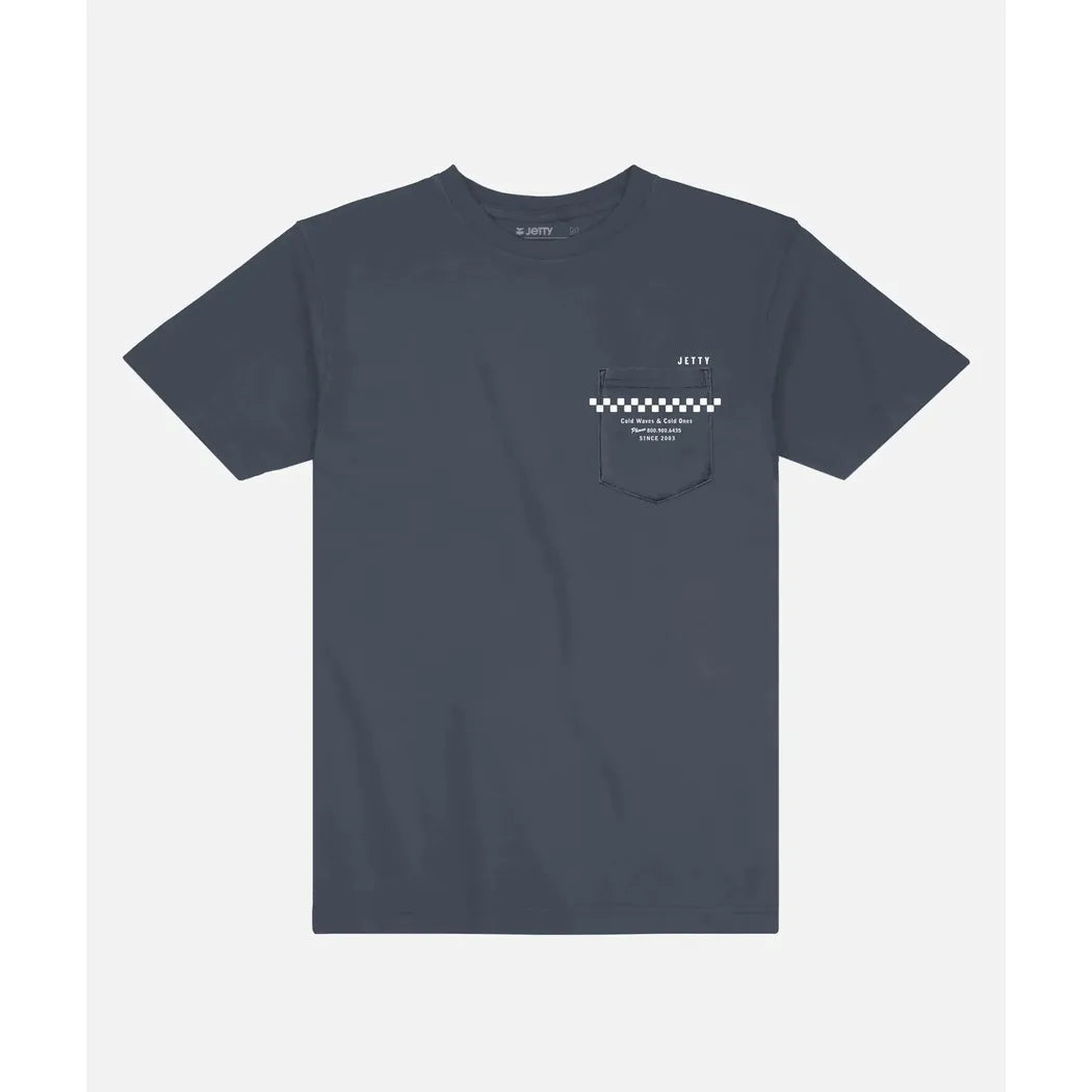 A front view of the Jetty Men's Clink Tee in Navy showing the chest pocket with checkered detail against a plain background.