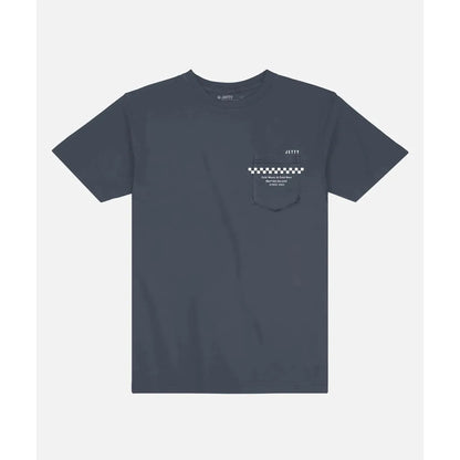 A front view of the Jetty Men's Clink Tee in Navy showing the chest pocket with checkered detail against a plain background.