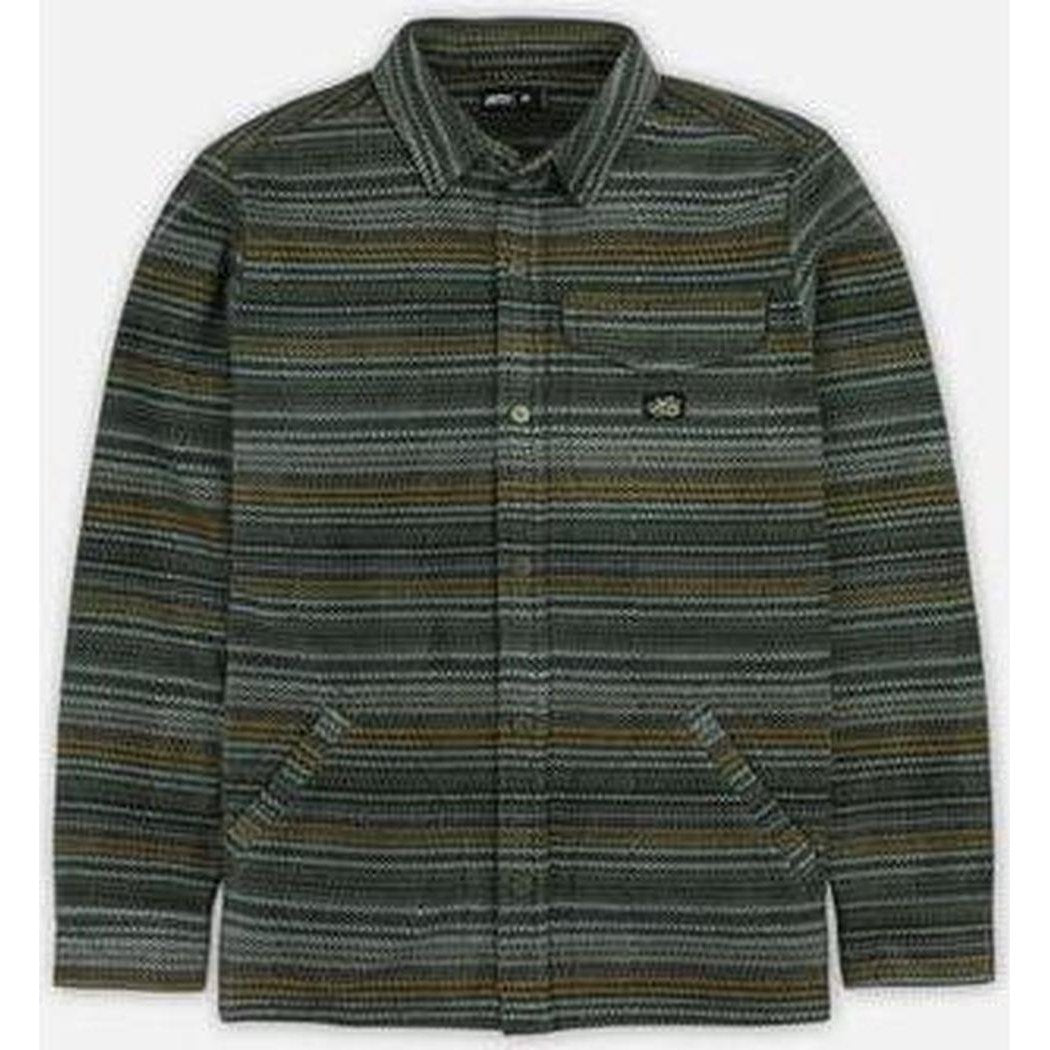 A front view of the Jetty Men's Concordia Fleece in Agave showing the chest pocket and two front pockets against a white background.