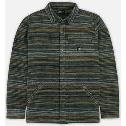 A front view of the Jetty Men's Concordia Fleece in Agave showing the chest pocket and two front pockets against a white background.