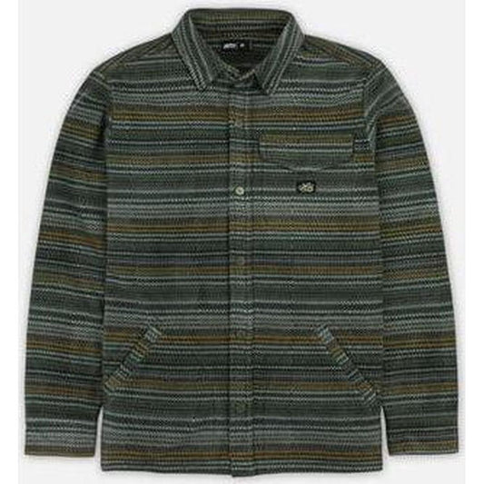 A front view of the Jetty Men's Concordia Fleece in Agave showing the chest pocket and two front pockets against a white background.