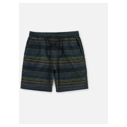 Side view of the Jetty Men's Concordia Polar Fleece Short in Black showing the drawstring waist and striped pattern against a white background.