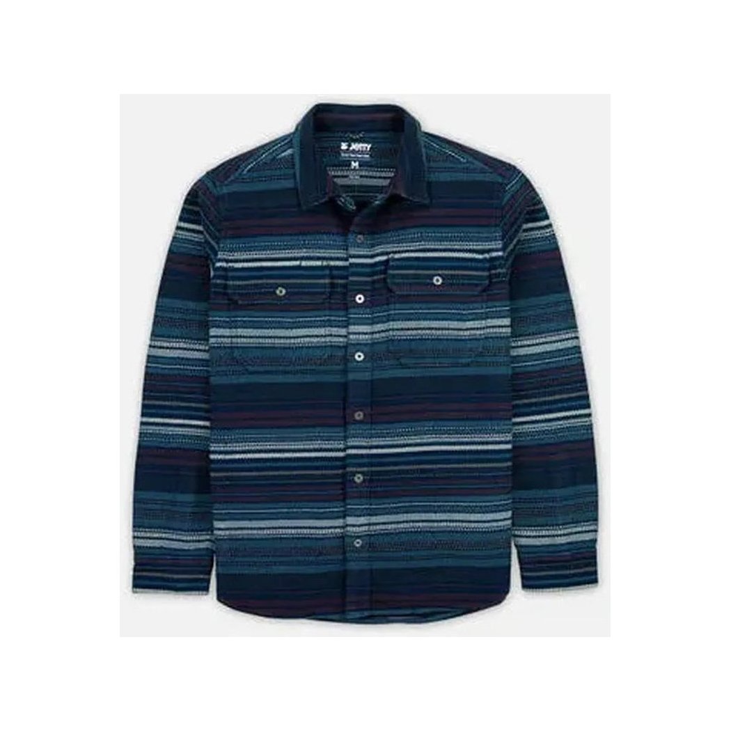 A front view of the Jetty Men's Horizon Heavy-Duty Flannel in Navy showing the chest pockets and button front against a white background.
