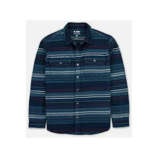 A front view of the Jetty Men's Horizon Heavy-Duty Flannel in Navy showing the chest pockets and button front against a white background.