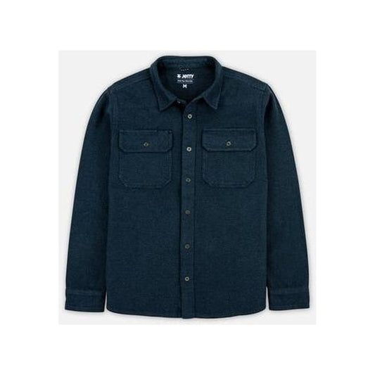 Midnight Jetty Men's Horizon Heavy-Duty Shirt front view with two chest pockets and button closure against a white background.