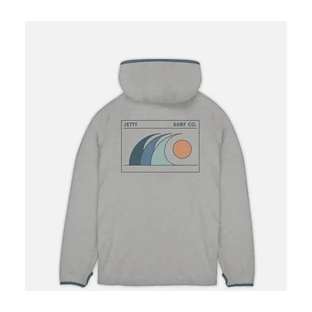 Back view of the Jetty Men's Mahi UV Tech Hoodie in grey with a surf graphic on the back and a hood.