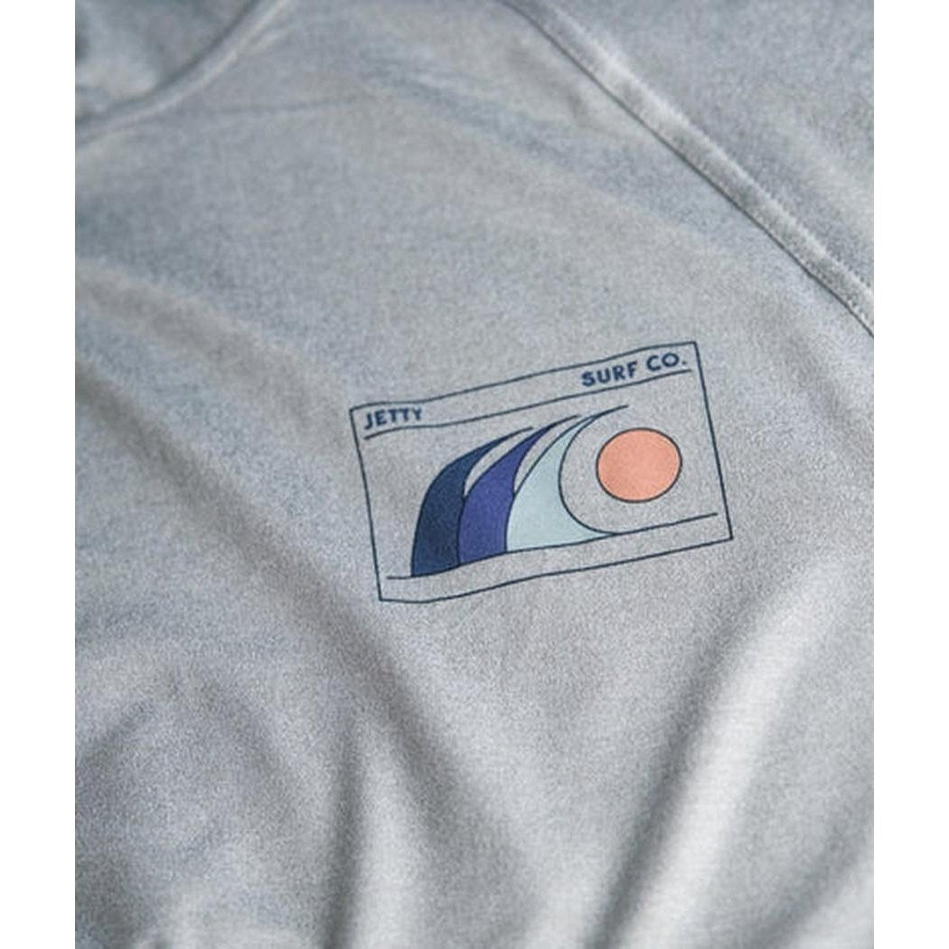 A grey Jetty Men's Mahi UV Tech Hoodie with a surf logo on the chest.