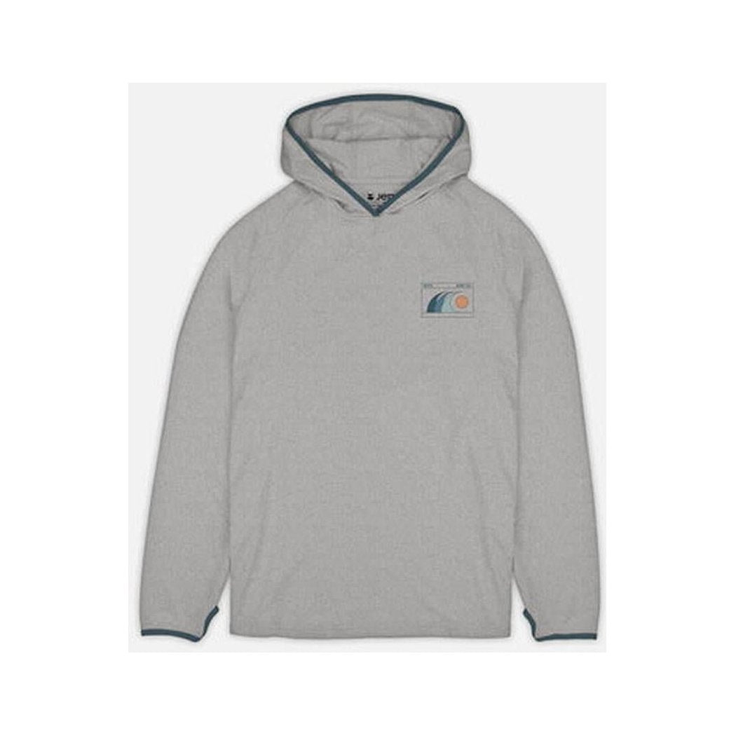 A front view of the Jetty Men's Mahi UV Tech Hoodie in Grey with a small patch on the chest and a hood, against a plain white background.