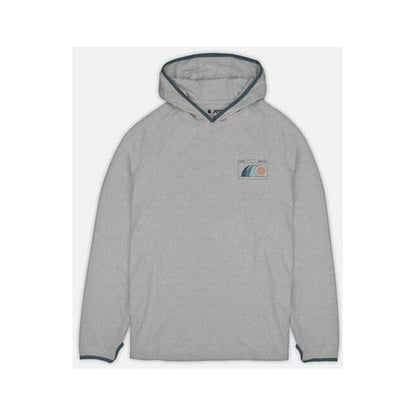 A front view of the Jetty Men's Mahi UV Tech Hoodie in Grey with a small patch on the chest and a hood, against a plain white background.
