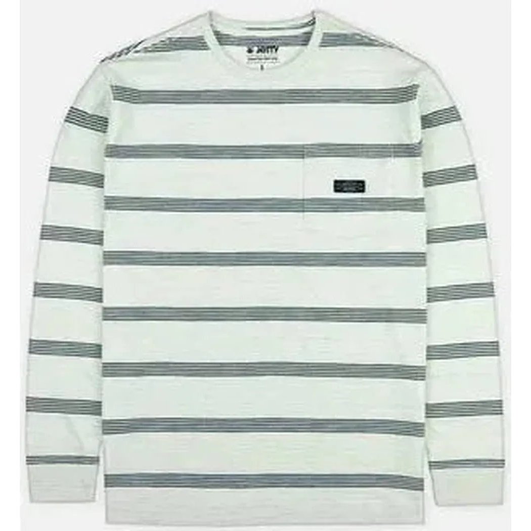 A front view of the Jetty Men's Pehala Slub Long Sleeve Tee in White showing the chest pocket and striped pattern against a white background.