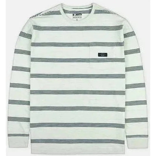 A front view of the Jetty Men's Pehala Slub Long Sleeve Tee in White showing the chest pocket and striped pattern against a white background.