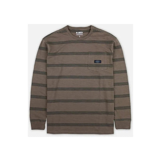 A front view of the Jetty Men's Pehala Slub Long Sleeve Tee in White with a chest pocket and striped pattern against a white background.