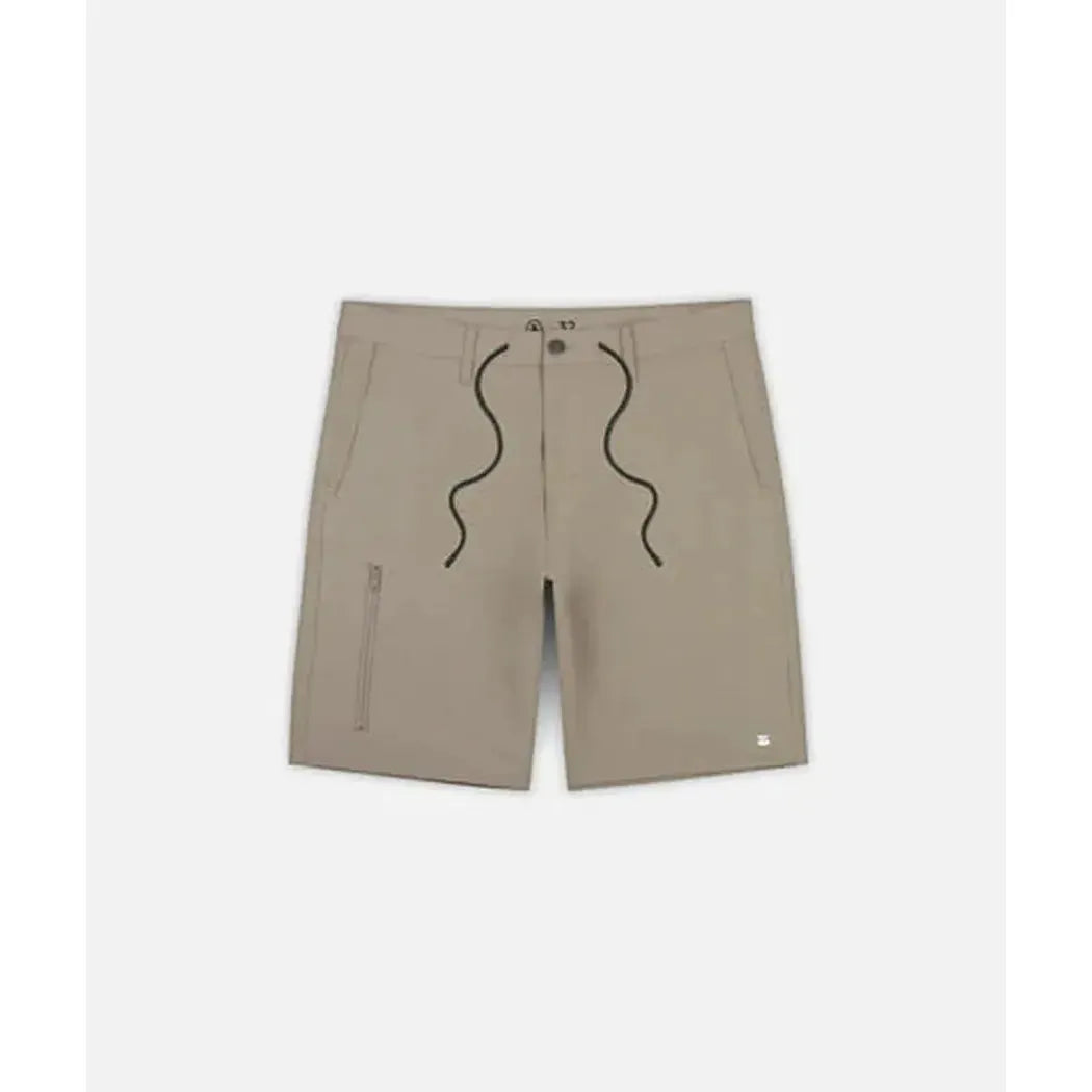 Khaki Jetty Men's Polywog Hybrid Walkshorts shown from front with drawstring and zip pocket on left leg, against white background.