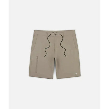Khaki Jetty Men's Polywog Hybrid Walkshorts shown from front with drawstring and zip pocket on left leg, against white background.