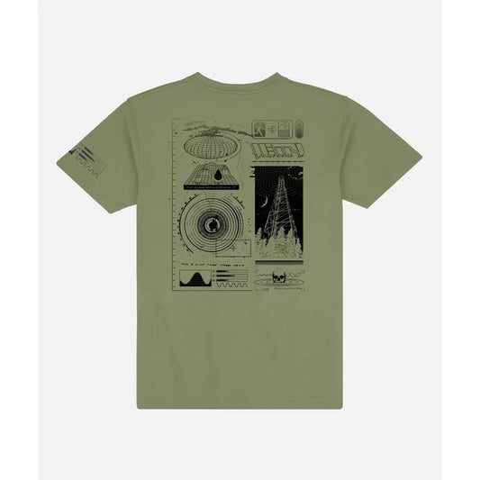 Back view of the Jetty Men's Radius Tee in Olive showing the graphic design on the back against a white background.