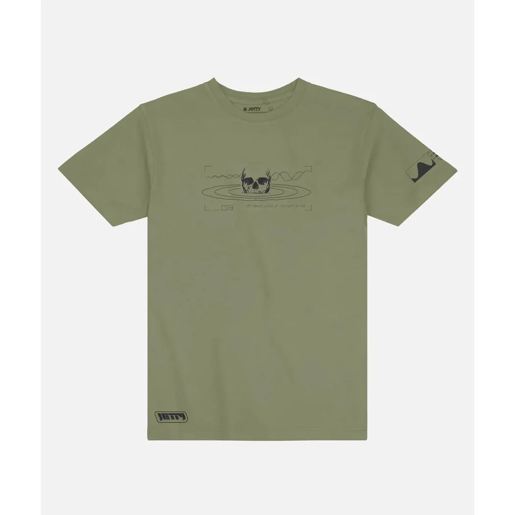Olive Jetty Men's Radius Tee with a skull graphic on the front and a small logo on the sleeve, photographed against a plain white background.