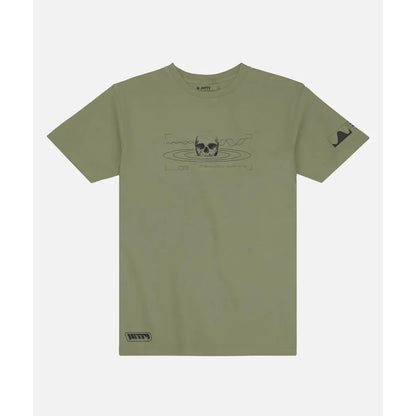 Olive Jetty Men's Radius Tee with a skull graphic on the front and a small logo on the sleeve, photographed against a plain white background.