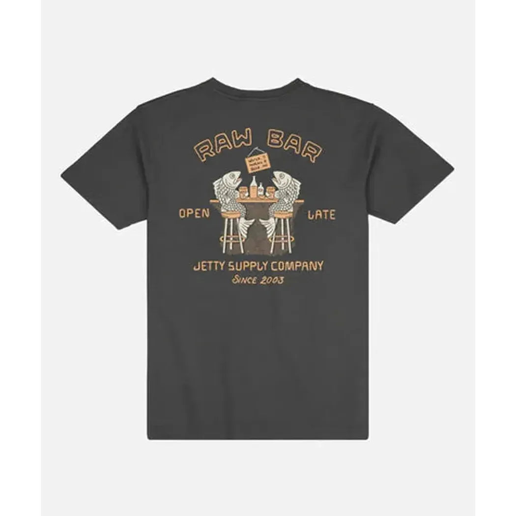 Back view of the Jetty Men's Raw Bar Tee in Black showing the graphic design on the back against a white background.