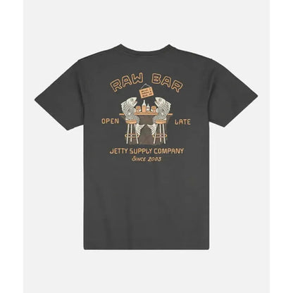 Back view of the Jetty Men's Raw Bar Tee in Black showing the graphic design on the back against a white background.