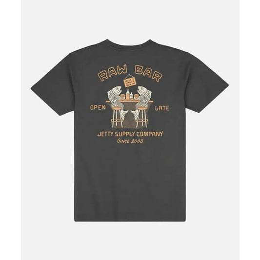 Back view of the Jetty Men's Raw Bar Tee in Black showing the graphic design on the back against a white background.