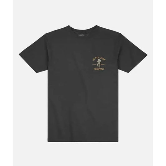 A front view of the Jetty Men's Raw Bar Tee in Black with a small logo on the chest against a plain white background.