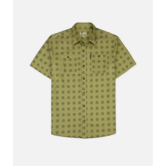 A front view of the Jetty Men's Seabrite Cotton Shirt in Navy with a patterned design and button front, shown against a plain white background.
