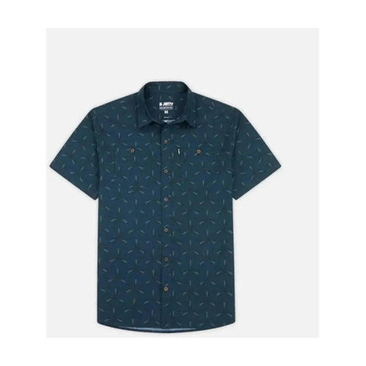 A front view of the Jetty Men's Seabrite Cotton Shirt in Navy with a subtle pattern against a light gray background.