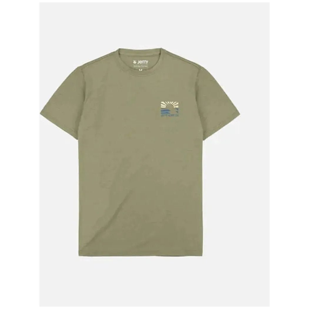 A front view of the Jetty Men's Striker Graphic Tee in Mustard with a small graphic on the chest against a plain white background.