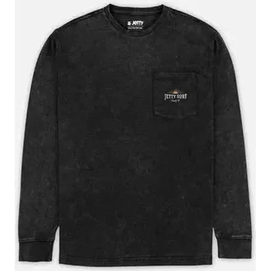 A front view of the Jetty Men's Tanker Acid Wash Long Sleeve in Black showing the chest pocket logo against a plain background.