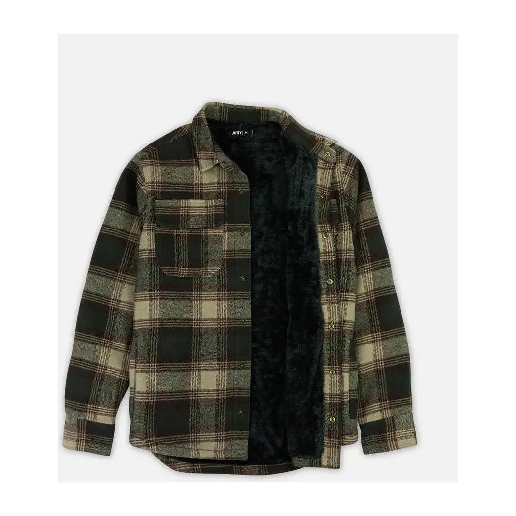 A front view of the Jetty Men's The Sherpa Jacket in Charcoal showing the sherpa lining and plaid pattern against a white background.