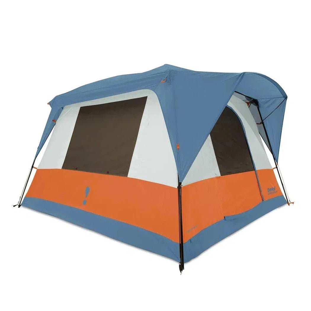 A front view of the Johnson Outdoors Eureka! Copper Canyon LX 6 tent with blue, white, and orange panels against a white background.