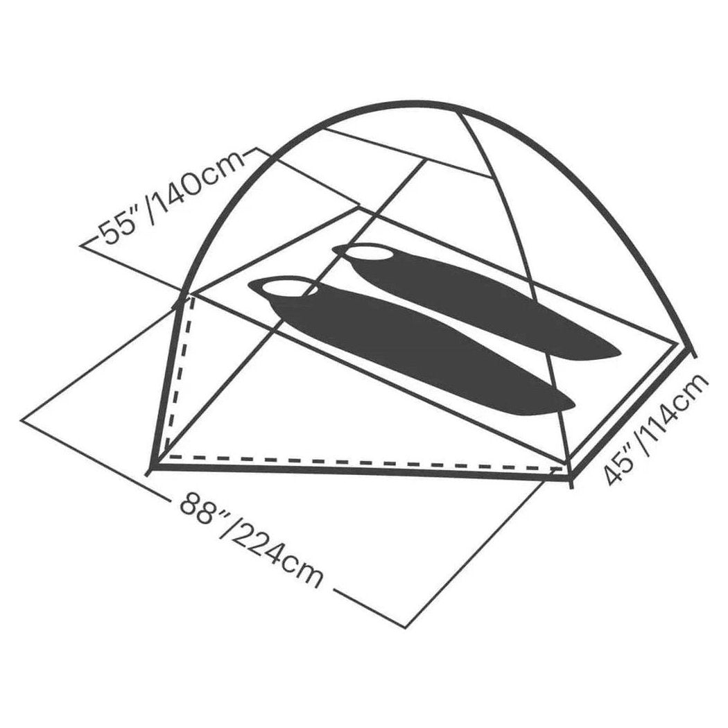A 3D diagram of the Johnson Outdoors Eureka! Suma 2 tent showing its dimensions and interior space with two sleeping bags inside.
