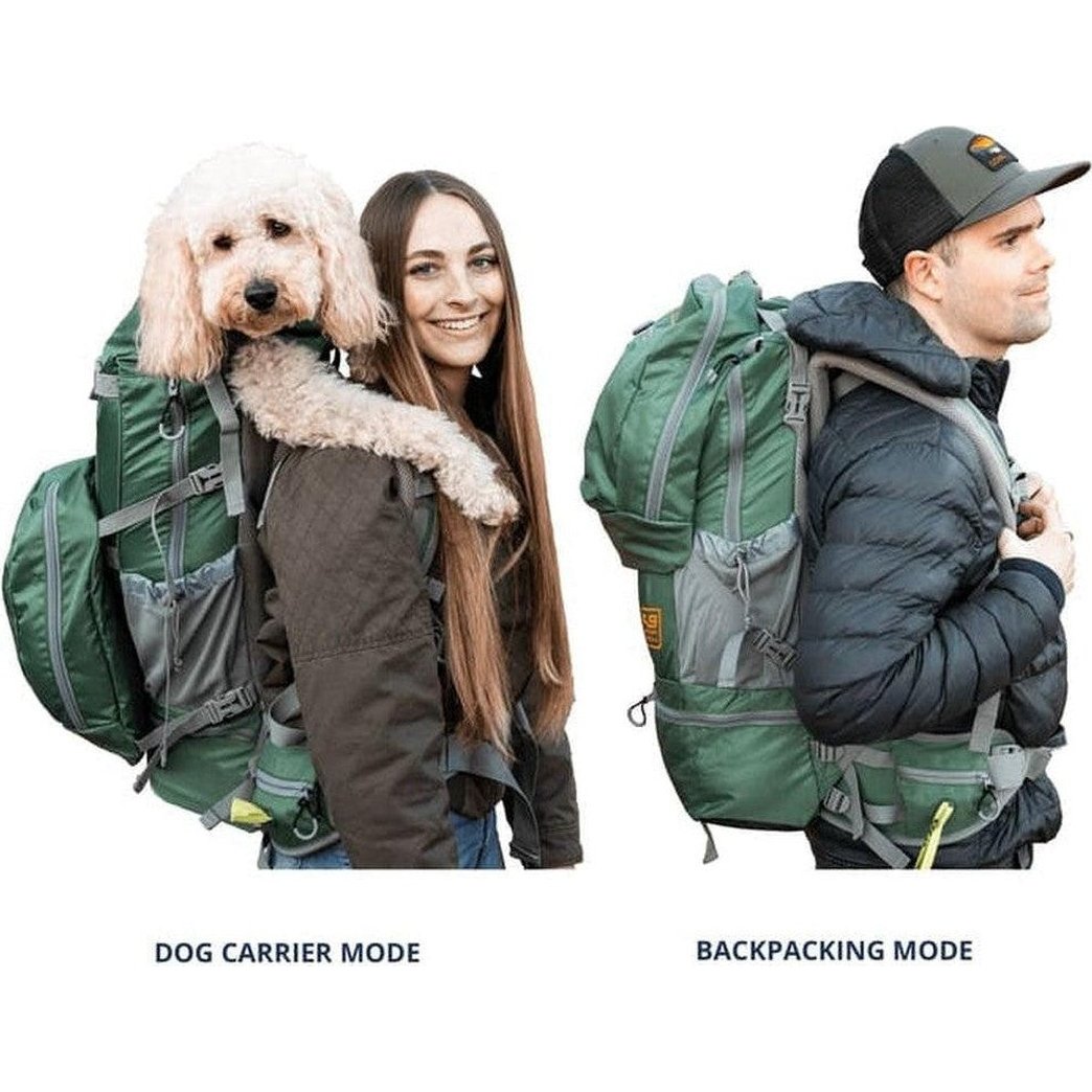 A woman and man model the K9 Sport Sack Rover 2 in Black, showing Dog Carrier and Backpacking modes against a white background.