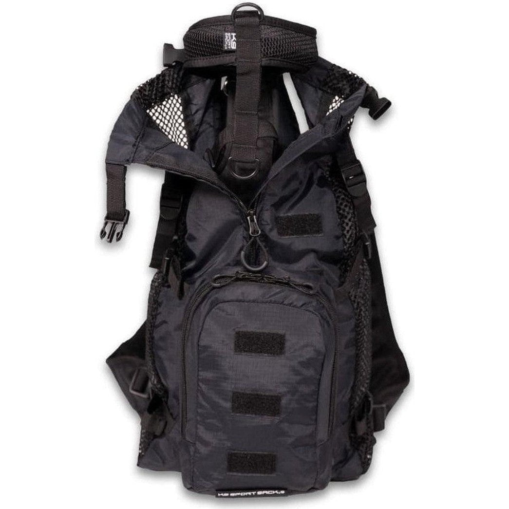 A front view of the K9 Sport Sack Walk-on with Harness & Storage in Anthracite Black showing the front pocket and mesh shoulder straps against a white background.