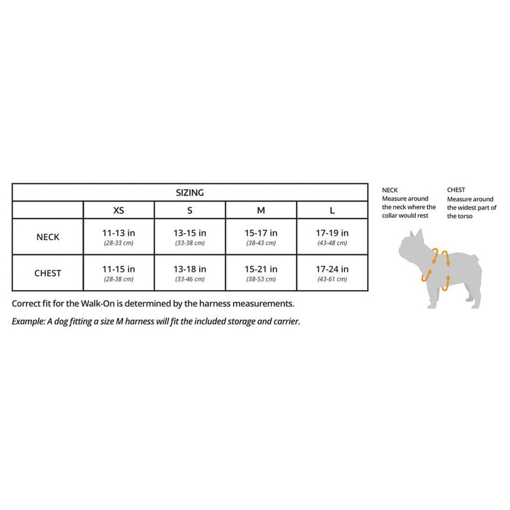 The sizing chart for the K9 Sport Sack Walk-on with Harness & Storage in Anthracite Black is shown against a white background.